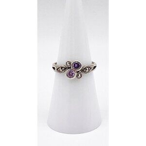 Vintage 925 Sterling Silver Dainty Purple Crystal Marcasite Ring Floral SZ 6.75